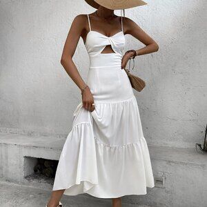 White Boho Womens Twist Front Cut Out Ruffle Hem Maxi Cami Dress